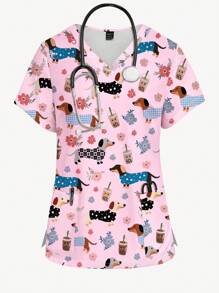 PopScrub Women's Cute Floral And Dog Print Scrub Uniform Top, Lightweight Nursing Scrub Shirt For Summer - Multicolor - View 1