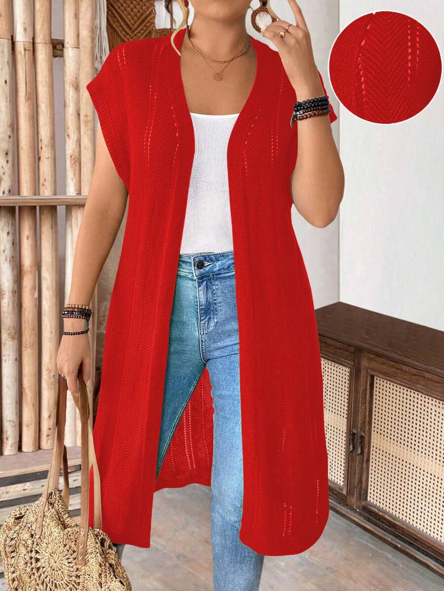 SHEIN LUNE 大码女款无袖镂空薄款长款开衫，适合度假、通勤、圣帕特里克节、春夏季 - 紅色 - 查看 1