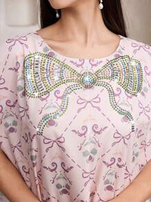 Al Najma Kaftan largo con estampado integral y decoración con rhinestones, vestido tradicional elegante turco y árabe para mujer