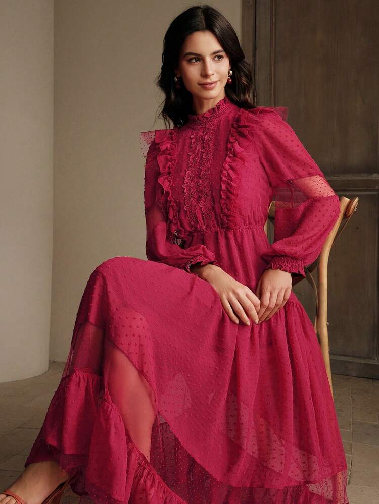 Women's Elegant Ruffled Puff Sleeve Polka Dot Dress