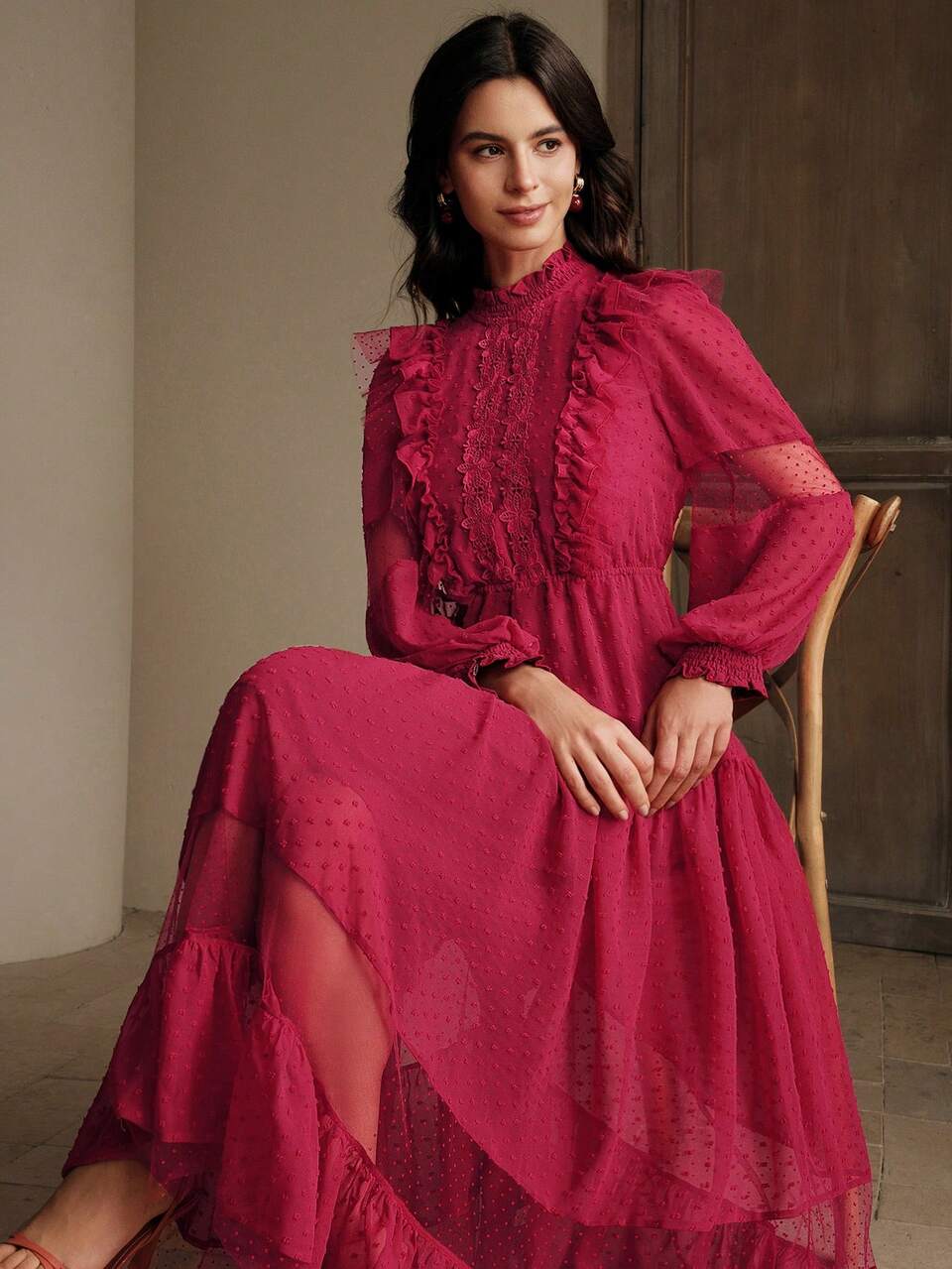 Women's Elegant Ruffled Puff Sleeve Polka Dot Dress