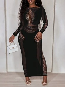 BamGleam 女士长袖修身镂空网眼连衣裙 - 黑色 - 查看 7