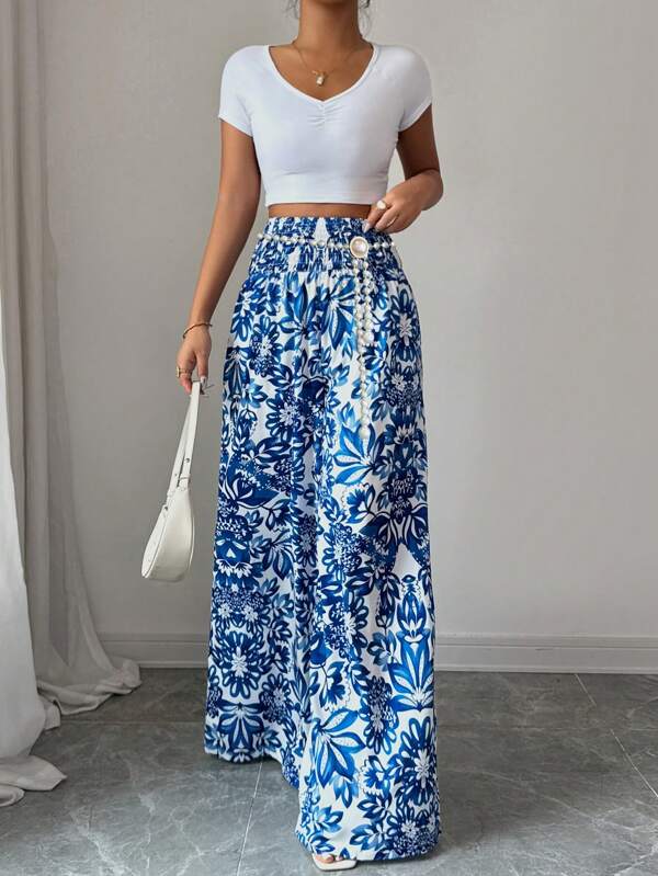 Elenzga Pantaloni lungi cu linie A, stil casual/resort, la modă, europene și americane, cu talie elastică, albastru și alb, imprimare, stil casual, cu picior larg