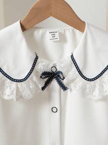 Mädchen Teenager Kollegial Lässig Bluse, mit Spitzen Peter Pan Kragen, Rüschensaum, Puffärmeln, Schleifenakzent - einzigartiges Design, akademischer Stil Kurzarmbluse