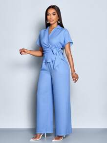 SOLERSUN Women's Spring And Summer Casual Commuting Solid Color Two Pieces Set, Irregular Waist Strap, Waist Tight, Daily Travel Two Pieces Set, Simple Set