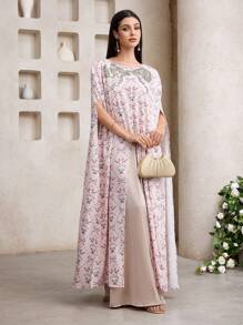Al Najma Kaftan largo con estampado integral y decoración con rhinestones, vestido tradicional elegante turco y árabe para mujer