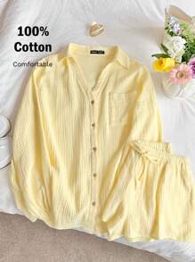 Comfortcana Bộ 2 món áo sơ mi dài tay rộng rãi bằng vải chiffon màu vàng kem và quần short dành cho nữ - Màu vàng - Xem 1