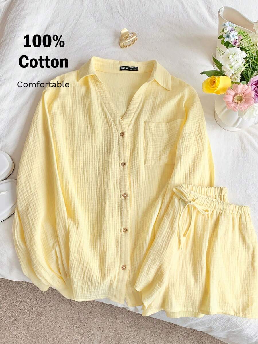 Comfortcana Bộ 2 món áo sơ mi dài tay rộng rãi bằng vải chiffon màu vàng kem và quần short dành cho nữ - Màu vàng - Xem 1