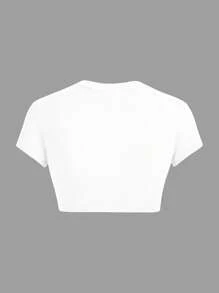 SHEIN ICON Casual Minimalist Five-Pointed Star Pattern Round Neck Short Sleeve Cropped Tight Fit Women's T-Shirt, Suitable For Summer