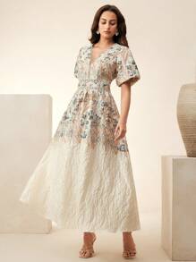 Anewsta Damen Kleid mit Blumenmuster, elegantes Kleid mit Kragen und V-Ausschnitt