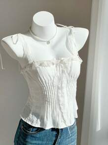 Comfortcana Summer White Lace Trim Square Neck Cinched Waist Single-Breasted Camisole - White - View 1