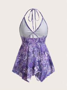 SHEIN ICON 女士春夏外出度假休闲复古印花露背吊带衫 Y2K V 领西部风女士波西米亚海滩女士嬉皮娃娃上衣 - 紫色 - 查看 2