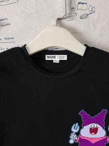 Chowder X SHEIN Camiseta de manga corta negra de estilo casual y urbano con estampado de letras y cuadros para niño preadolescente, para verano - Negro - Ver 4