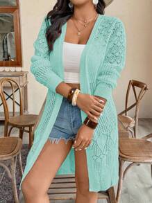 Weeklong Plus Size Women's Hollow-Out Long Sleeve Long Cardigan Sweater, Thin & Lightweight, Suitable For Vacation, Party, Daily Commute, Spring/Summer - Baby Blue - View 2