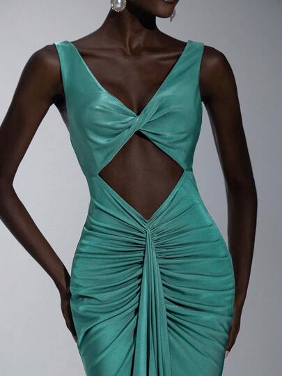 Elitara 优雅豆绿色闪亮针织面料圆领扭腰镂空鱼前风琴褶鱼尾连衣裙，适合约会、度假、婚礼、伴娘服