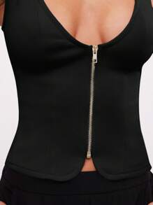 Hauture Women's Solid Color Zipper V-Neck Sleeveless Bodycon Top