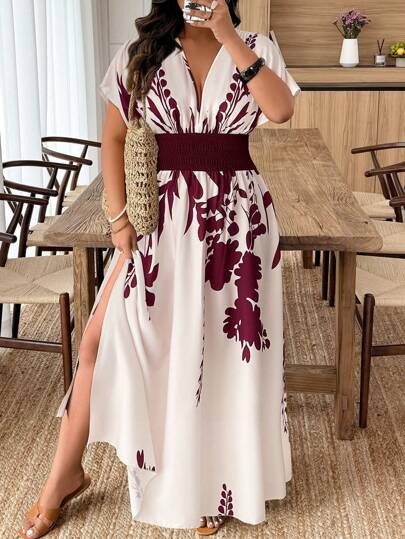 Weeklong Plus Size Plant Print Casual Summer Dress