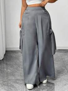 Elenzga Quần ống loe cạp cao có nơ túi cỡ lớn cho nữ dài màu xám, thích hợp cho các dịp đi nghỉ, đi làm, thường ngày, du lịch - Xám - Xem 3