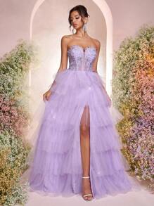 Glamrae 优雅奢华刺绣蕾丝拼布亮片网眼多层高开衩长裙，适合婚礼、派对、节日、正式场合（大量装饰） - 紫色 - 查看 4