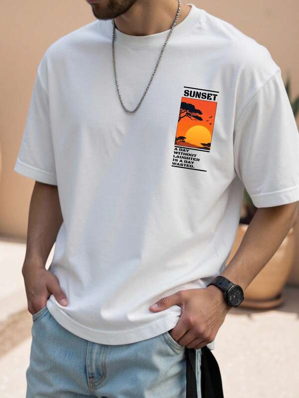 Manfinity RSRT Men's Casual Letter & Graphic Print Round Neck Short Sleeve T-Shirt, Versatile For Summer Men Summer T Shirt Sunset Graphic Tee