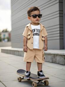 SHEIN 3pcs/Set Baby Boy/Girl Letter Print Soft Knit Collared Short Sleeve Cardigan And Solid Color Elastic Waist Shorts - Khaki - View 7