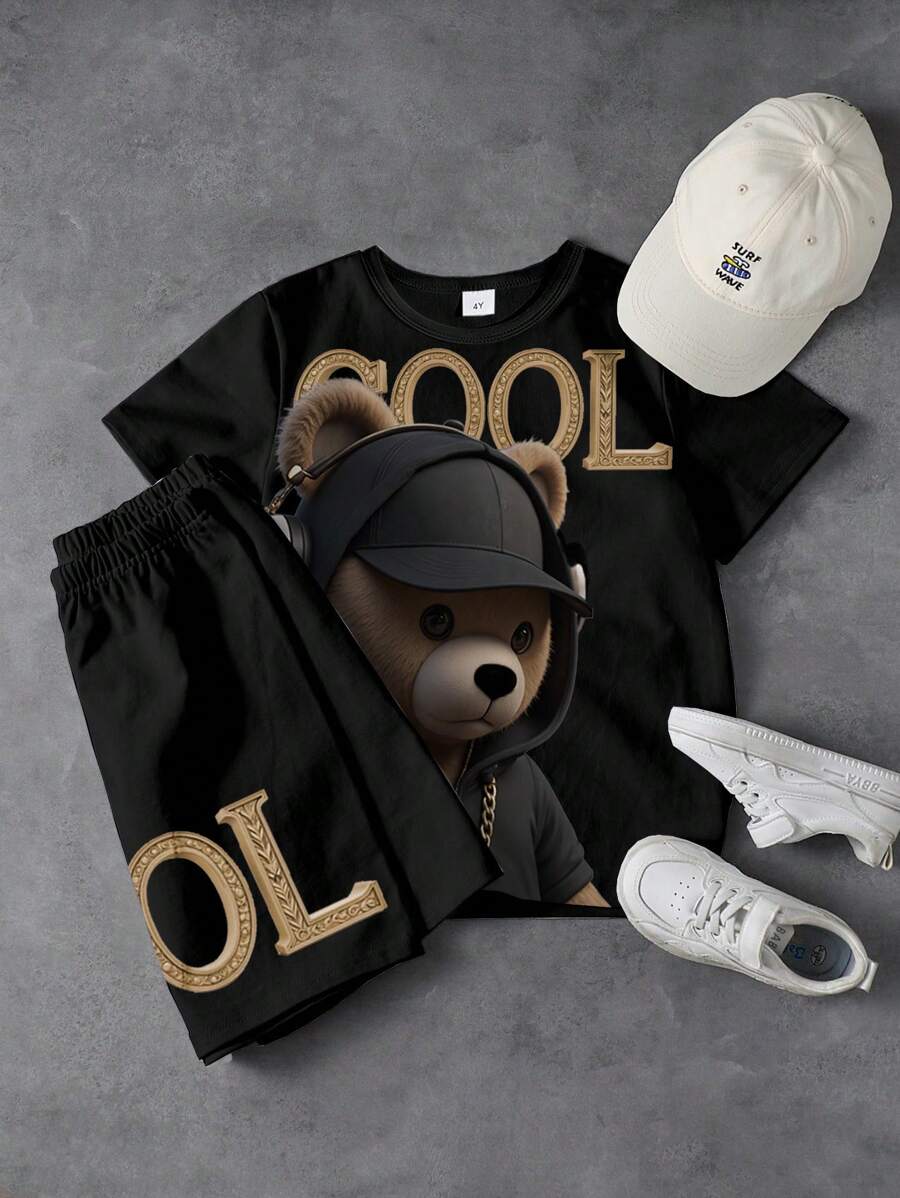 2pcs Young Boy Cool Bear Print Round Neck Short Sleeve T-Shirt & Letter Graphic Loose Shorts Black Street Set - Multicolor - View 1