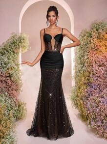 Glamrae Elegant Black Shiny Beads Embroidery Mermaid Evening Gown, Sweetheart Neckline See-Through Double Straps Ruched Satin Dress For Wedding Banquet - Black - View 7