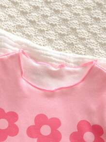 Bộ trang phục 2 món cho bé gái sơ sinh, áo len tay ngắn họa tiết hoa đáng yêu và quần cạp chun, mùa hè - Hồng - Xem 5