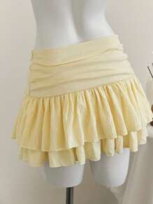 Elamini Beige European & American Style Pleated High Waist Chiffon Ruched Mini Skirt - Yellow - View 2