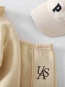 SHEIN 2pcs Baby Girls Outfit, Thermal Lined Warm Personalized Embroidered Letter Hoodie Sweatshirt & Pants Set, Suitable For Outgoing And Home Wear, Autumn/Winter Baby Tracksuit Toddler Co Ord Baby Casual Sets Baby Set Autumn Winter Season Neutral Baby Clothes Fall - Khaki - View 5