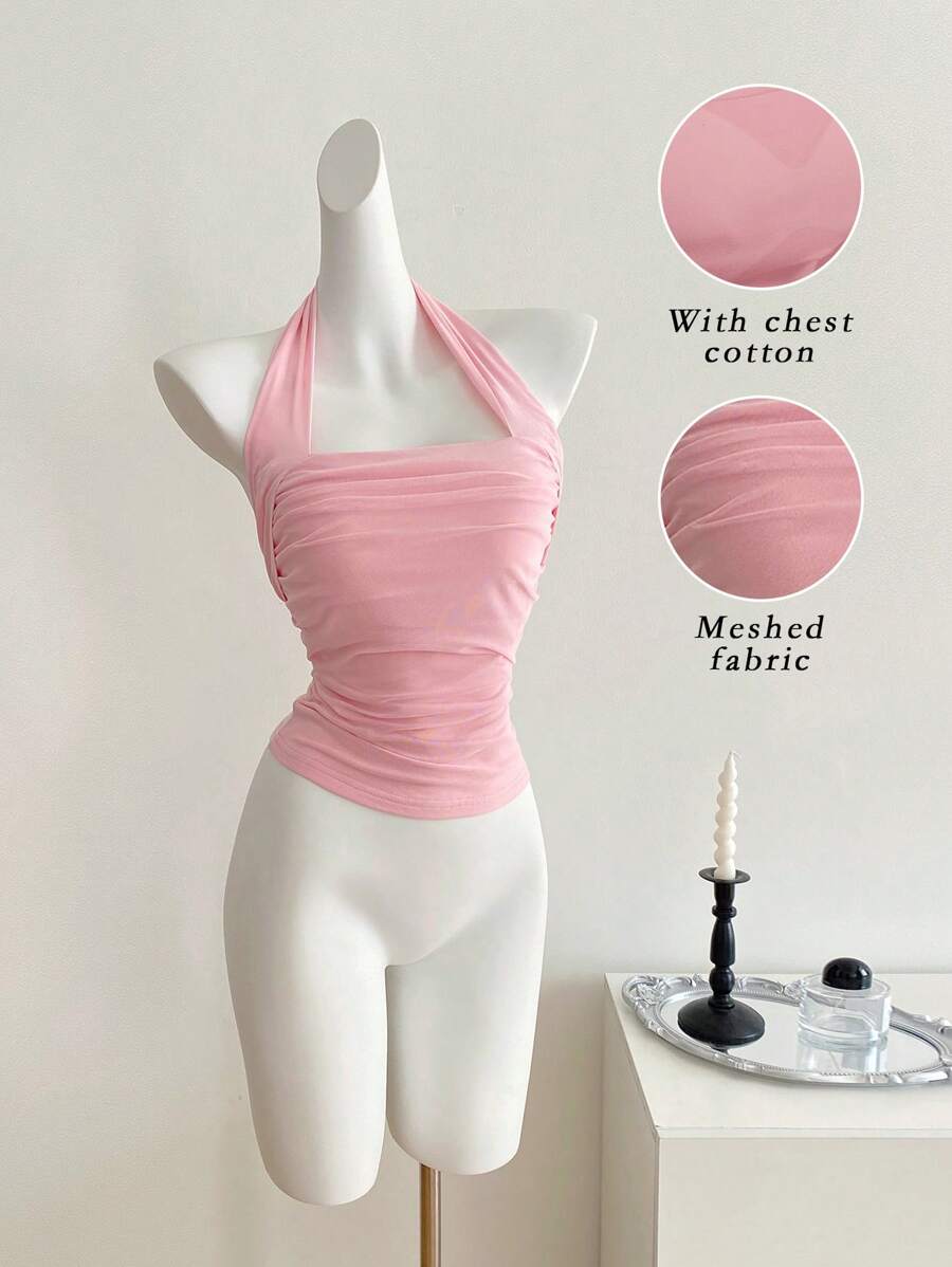 SHEIN Clasi 女式夏季水钻细肩带吊带背心,针织面料,时尚修身优雅设计 - 粉色 - 查看 1