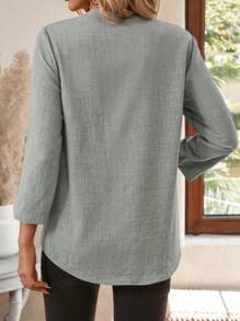 EMERY ROSE Women's V-Neck Plain Textured Fabric Casual Summer Shirt White V Neck Blouse Women  Blouses For Women Linen Blouses For Women Women White Blouse  Tops For Women FALL Women Clothes Business Casual Woman  Button Up Shirt Women Button Up Shirt - Light Grey - View 2