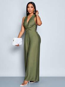 SOLERSUN Bộ đồ liền thân ống đứng dáng rộng, dáng suông, cổ chữ V không tay, thắt eo xoắn, màu trơn, thiết kế nơ, đi làm thanh lịch dành cho nữ - màu xanh lá - Xem 6