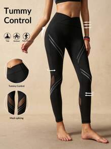 VARSIVA 女式紧身裤网眼拼接松紧腰黑色紧身裤 - 黑色 - 查看 7