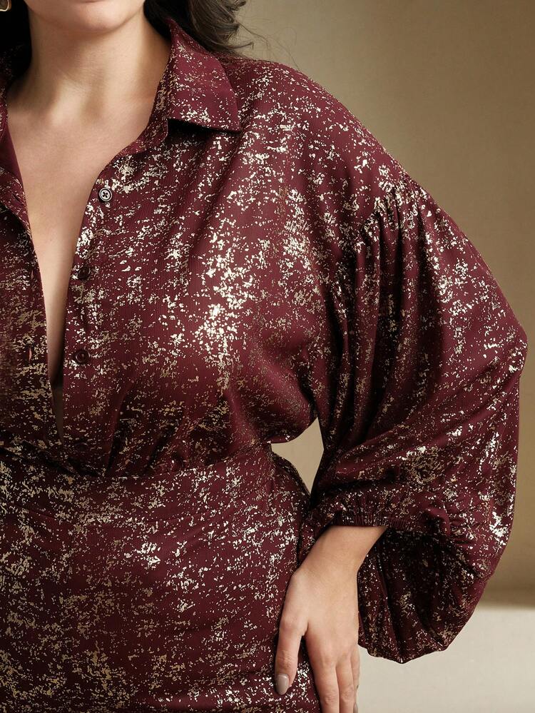 2pcs/Set Elegant Foil Printing Collared Long Sleeve Shirt & Casual Pants Suit For Women