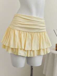 Elamini Beige European & American Style Pleated High Waist Chiffon Ruched Mini Skirt - Yellow - View 1