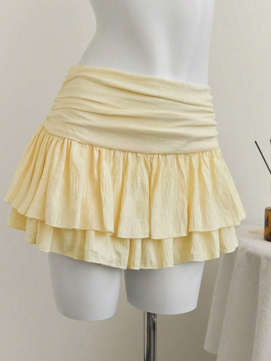 Elamini Beige European & American Style Pleated High Waist Chiffon Ruched Mini Skirt - Yellow - View 1