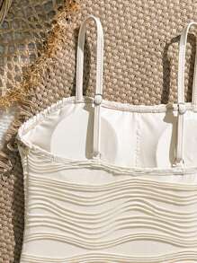 SHEIN 青少年女孩连体泳衣，采用特殊纹理面料和网眼裙，适合海滩、泳池、休闲度假、春夏季贝壳泳衣青少年连体泳衣青少年泳衣荷叶边连体泳衣波西米亚风泳衣 - 杏色 - 查看 4