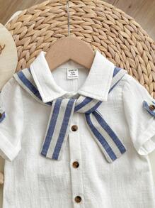 Baby Boy/Girl Casual Academy Resort Solid Color Short Sleeve Shirt, Striped Shawl Romper, Suitable For Spring/Summer Wear, Indoor And Outdoor