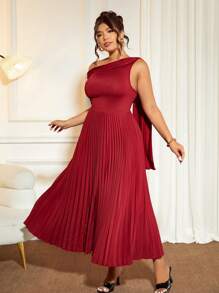 Elenzga 大码女式优雅针织拼布褶皱裙高腰连衣裙，酒红色