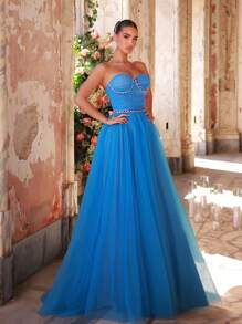 Glamrae 优雅的蓝色抹胸，带有荷叶边前幅、宝石链装饰和蓬松的 A 字裙，可调节系带后开合（可拆卸肩带），适合约会、度假、婚礼、特殊场合、正式活动 - 藍色 - 查看 6