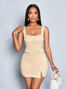 SOLERSUN Spring And Summer Women's Wear Daily Leisure Elegant Commuter Apricot Knitted Fabric Sleeveless Square Neck Open Back Decorative Pocket Cover Cropped Top Hip Fit Short Culottes With Front Slit