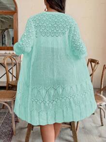 Weeklong Plus Size Women's Hollow-Out Long Sleeve Long Cardigan Sweater, Thin & Lightweight, Suitable For Vacation, Party, Daily Commute, Spring/Summer - Baby Blue - View 3