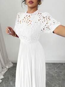 Rafferiza Elegant Luxurious Hollow Embroidered Patchwork Pleated Dress - White - View 7