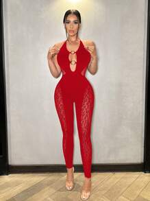 VaVaBold 1 bộ đồ liền thân hở lưng lưới họa tiết da báo màu trơn gợi cảm cho nữ nhân dịp năm mới - Đỏ - Xem 4
