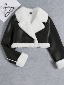 SHEIN EZwear 1pc Teddy Lined PU Leather Sleeve Crop Jacket,Ladies Late Fall Casual Pocket,Zipper Regular Sleeve Lapel Loose Black Polyurethane Colorblock Women Jackets,Winter Warmth/ Winter Fashion