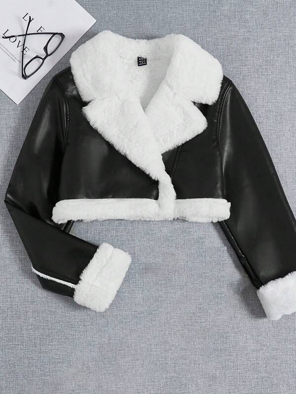 SHEIN EZwear 1pc Teddy Lined PU Leather Sleeve Crop Jacket,Ladies Late Fall Casual Pocket,Zipper Regular Sleeve Lapel Loose Black Polyurethane Colorblock Women Jackets,Winter Warmth/ Winter Fashion