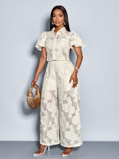 SOLERSUN Conjunto casual de 2 piezas de camisa de manga corta con botones delanteros y pantalones de pierna ancha, con estampado floral elegante y romántico para mujer, para salir, vacaciones en primavera/verano
