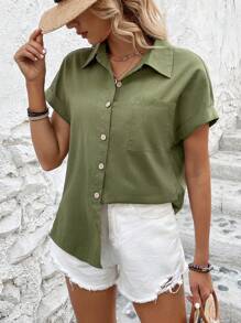 SHEIN LUNE 女款蝙蝠袖短袖襯衫 - 軍綠色 - 查看 4