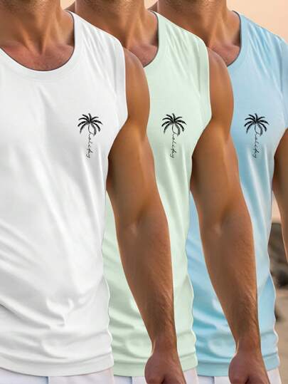 Manfinity RSRT 3pcs Men's Casual Coconut Tree Print Sleeveless Top For Vacations Men Summer Tank Top Men Beach Men Tank Tops Vacation Men Summer Tank Top Men Tank Tops White Tank Top Men Sleeveless Men